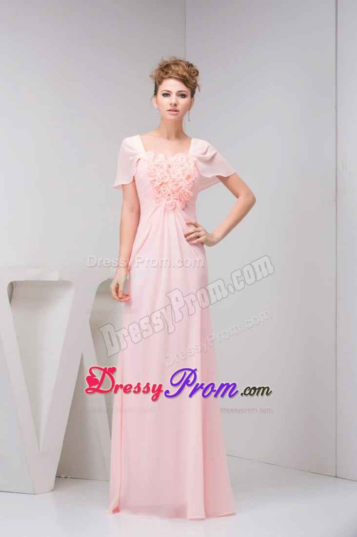 Cute Square Neck Short Sleeves Pink Prom Dress with Flowers