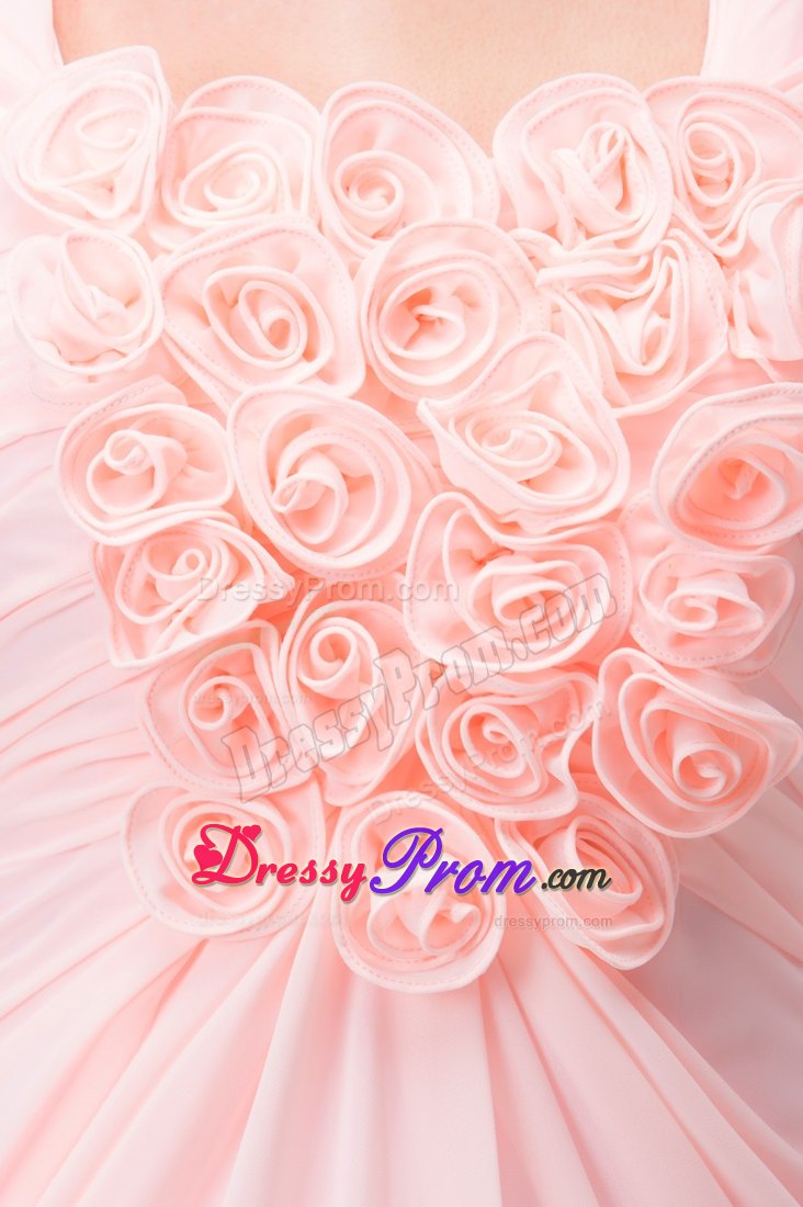 Cute Square Neck Short Sleeves Pink Prom Dress with Flowers