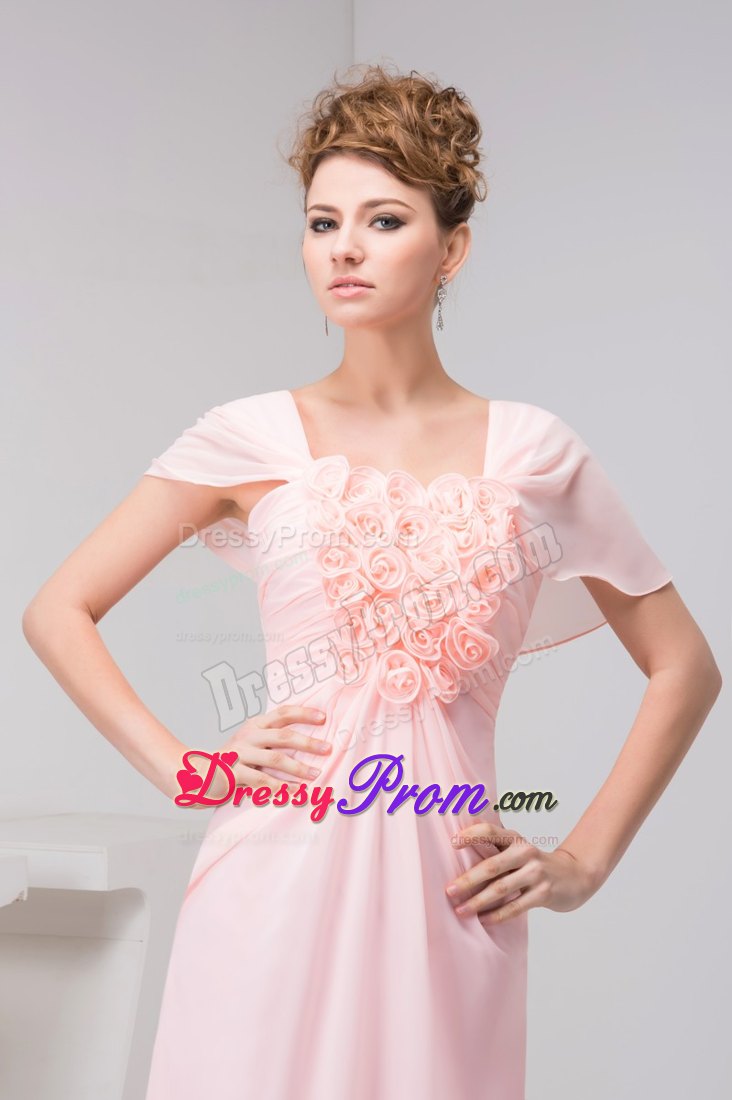 Cute Square Neck Short Sleeves Pink Prom Dress with Flowers