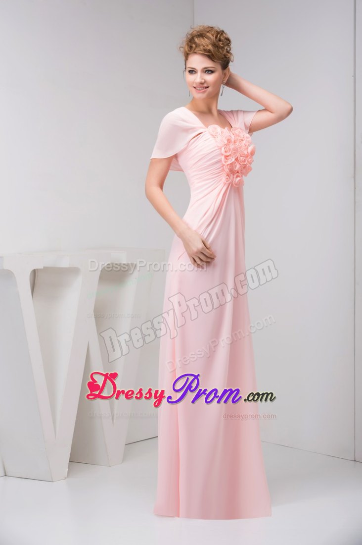 Cute Square Neck Short Sleeves Pink Prom Dress with Flowers