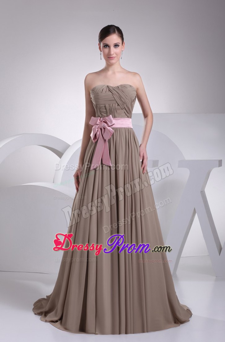 Free Shipping Strapless Ruched Grey Prom Dress with Pink Sash