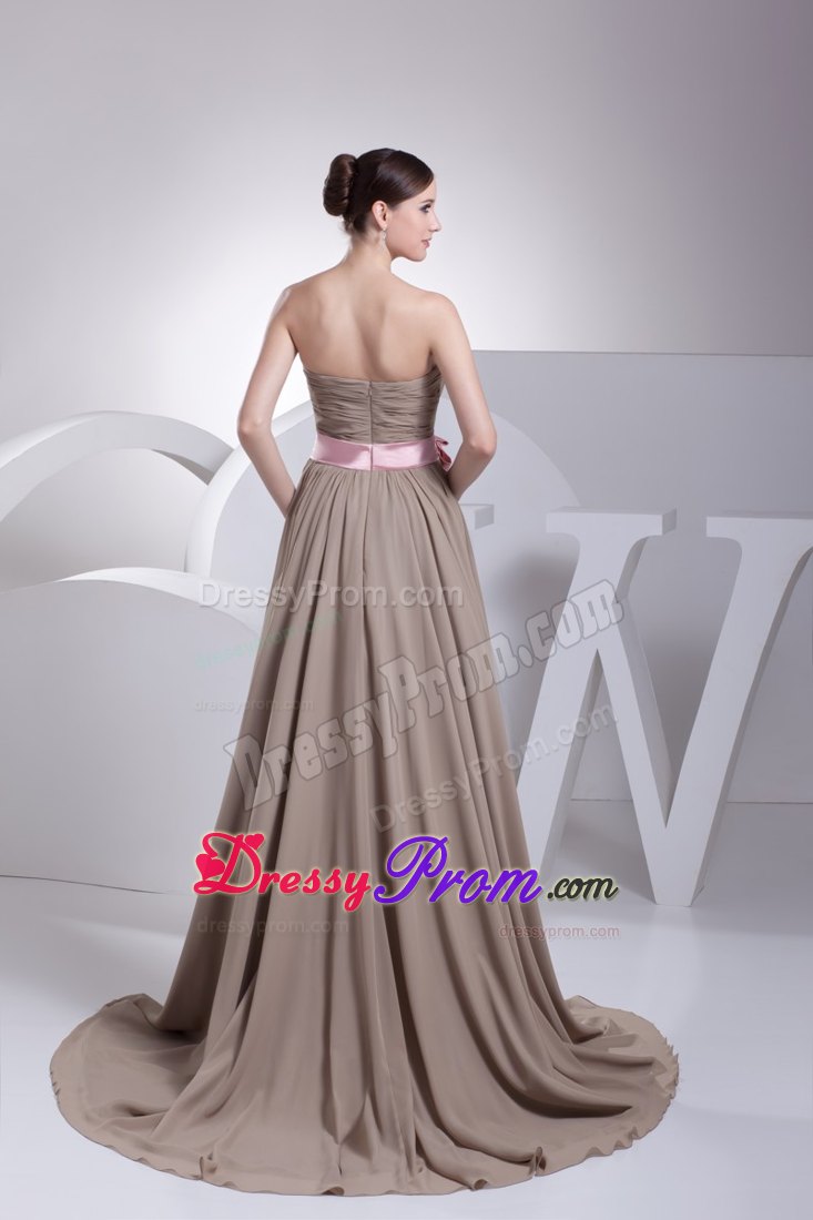 Free Shipping Strapless Ruched Grey Prom Dress with Pink Sash