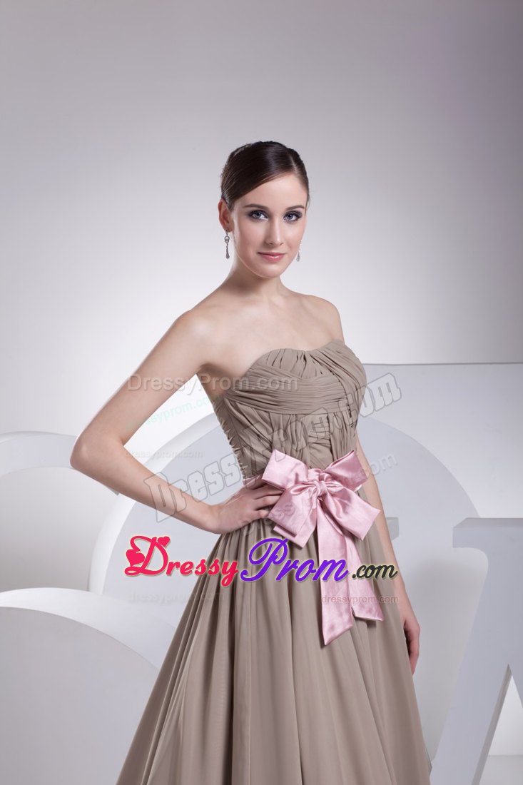 Free Shipping Strapless Ruched Grey Prom Dress with Pink Sash