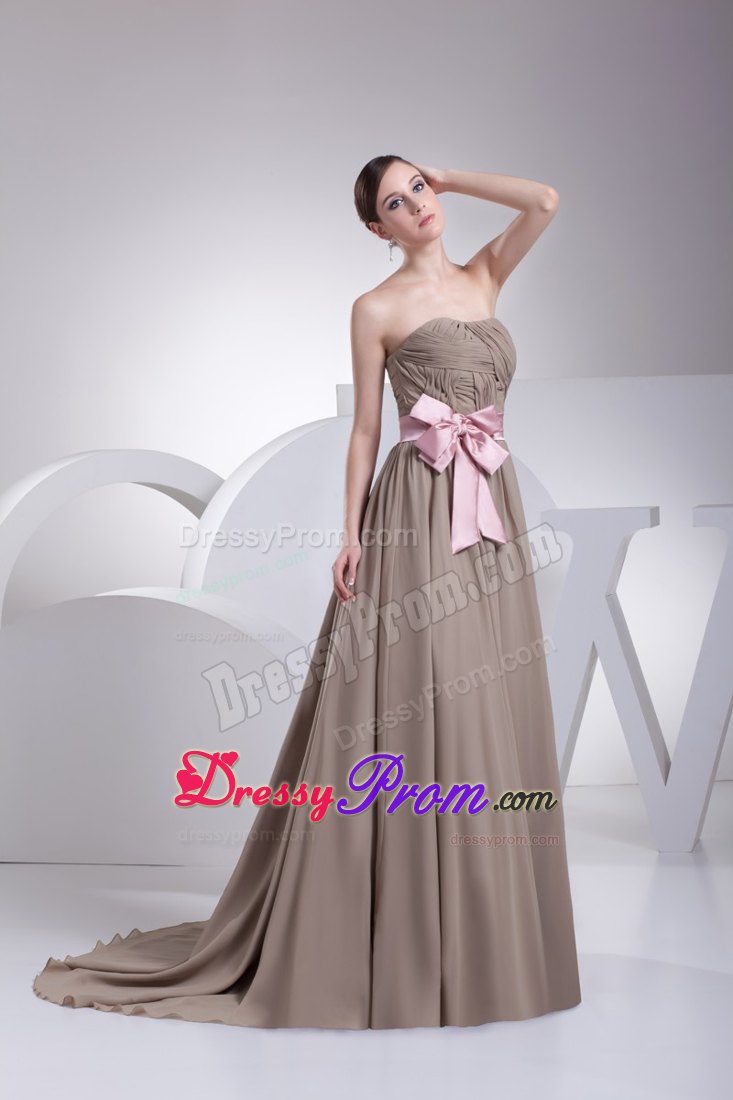 Free Shipping Strapless Ruched Grey Prom Dress with Pink Sash
