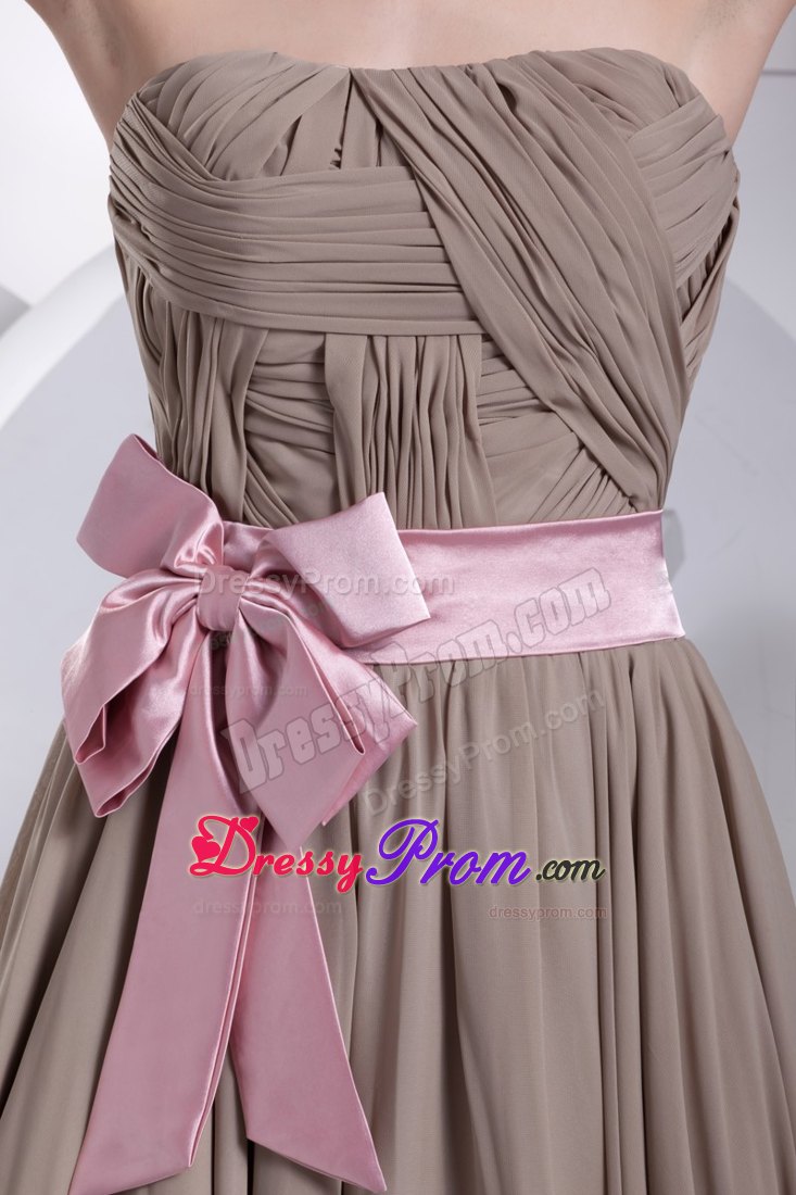 Free Shipping Strapless Ruched Grey Prom Dress with Pink Sash
