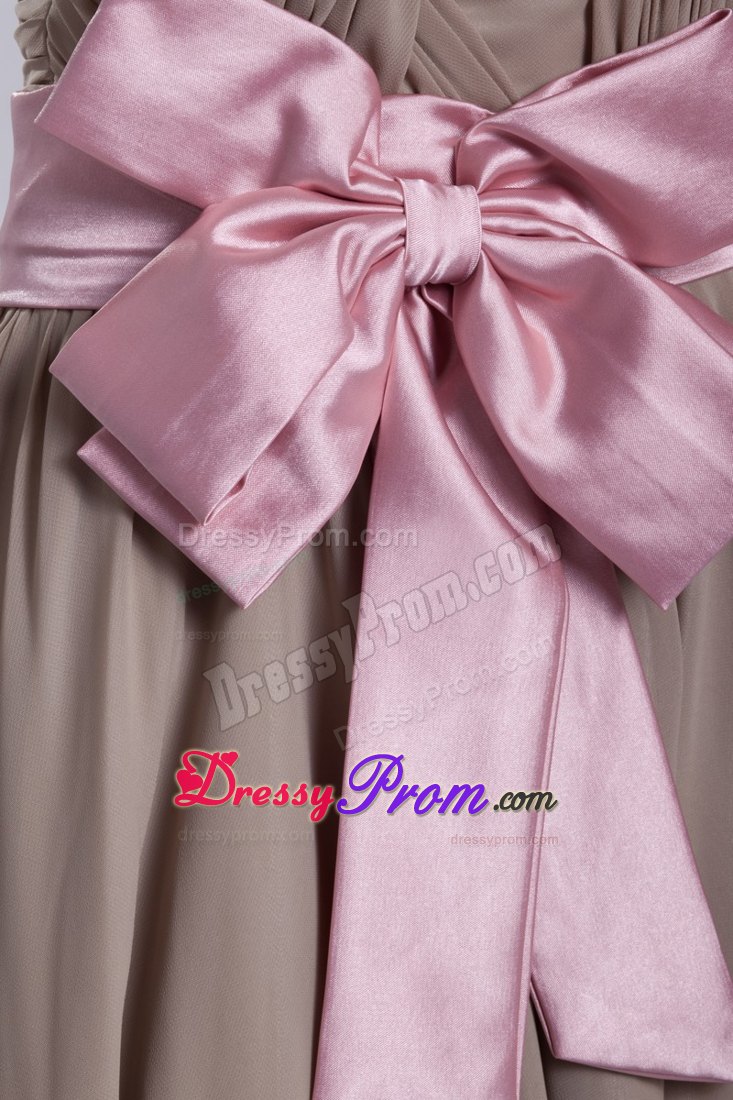 Free Shipping Strapless Ruched Grey Prom Dress with Pink Sash