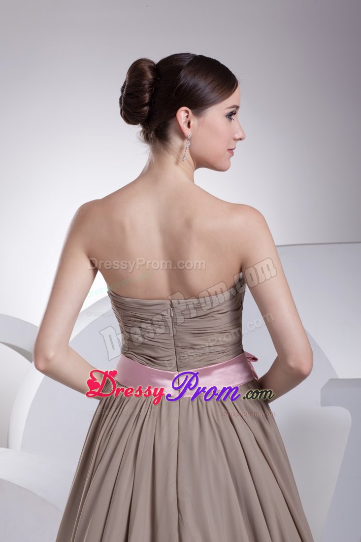 Free Shipping Strapless Ruched Grey Prom Dress with Pink Sash