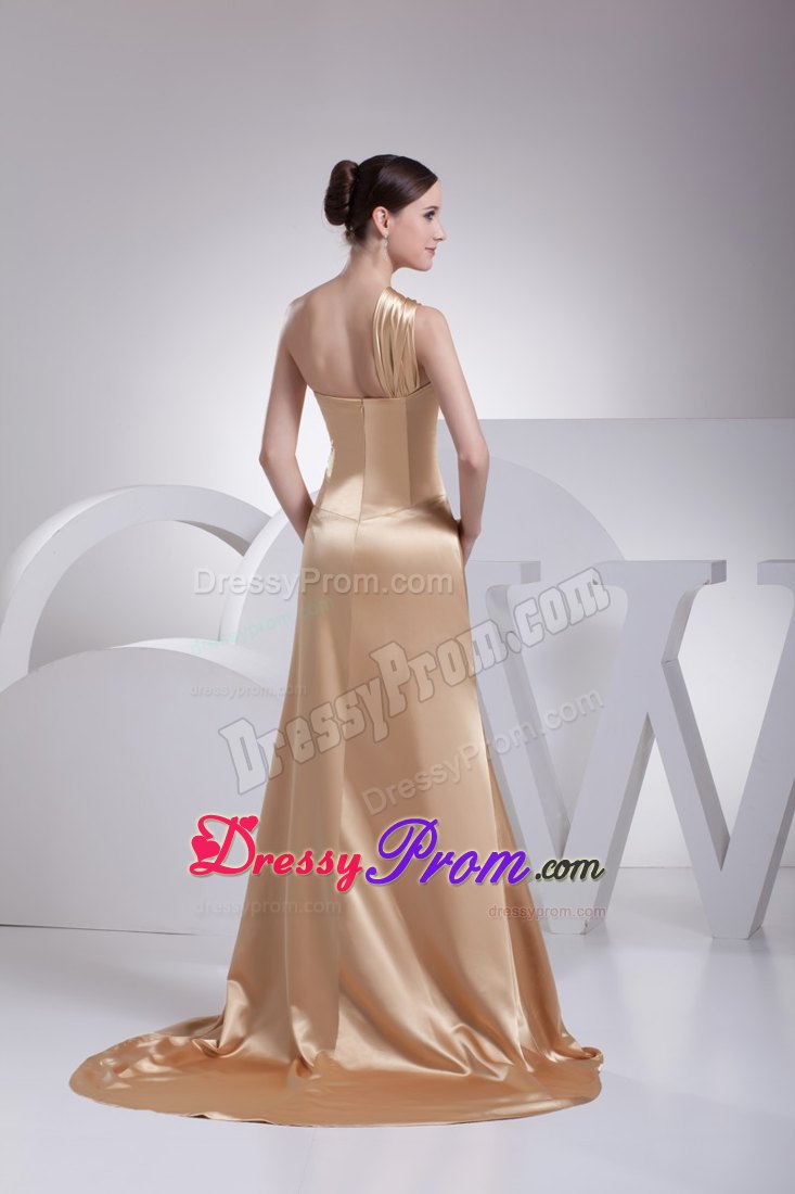 Low Price One Shoulder Slitted Gold Dress for Prom in Longmont