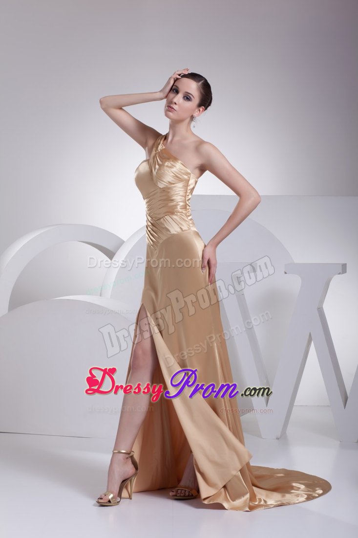 Low Price One Shoulder Slitted Gold Dress for Prom in Longmont