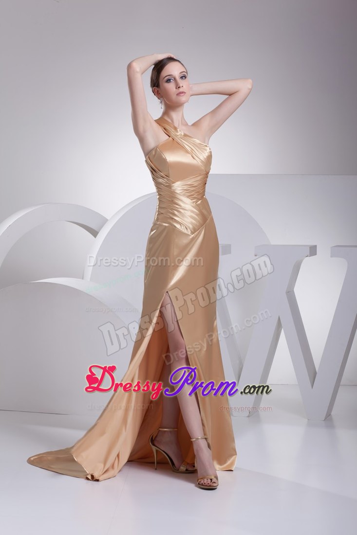 Low Price One Shoulder Slitted Gold Dress for Prom in Longmont