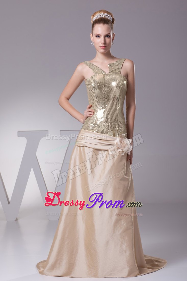 Sequin Taffeta Champagne Prom Evening Dress with Flower