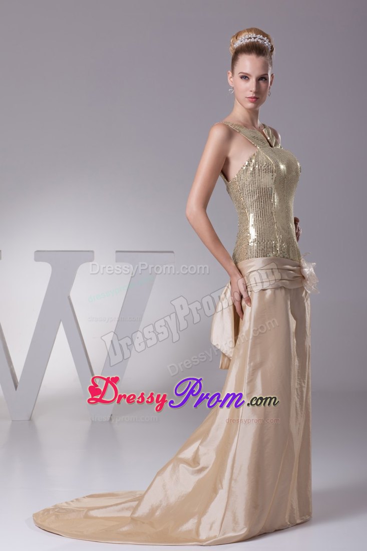 Sequin Taffeta Champagne Prom Evening Dress with Flower