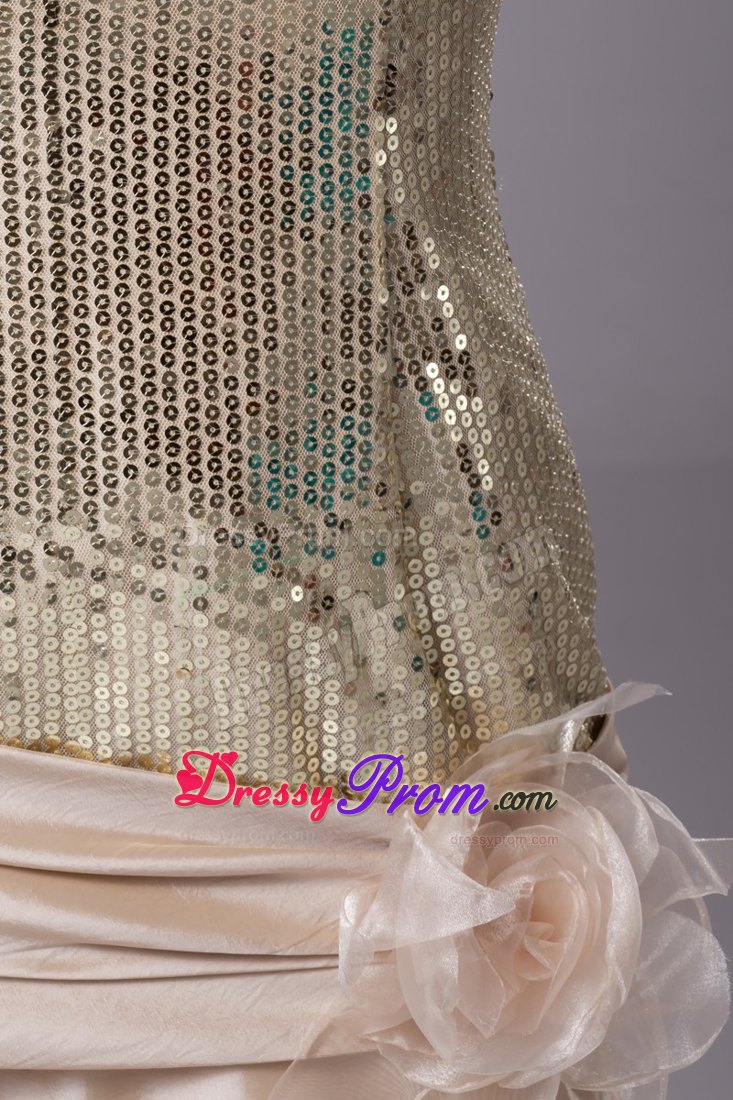Sequin Taffeta Champagne Prom Evening Dress with Flower