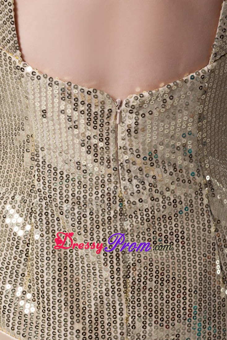 Sequin Taffeta Champagne Prom Evening Dress with Flower