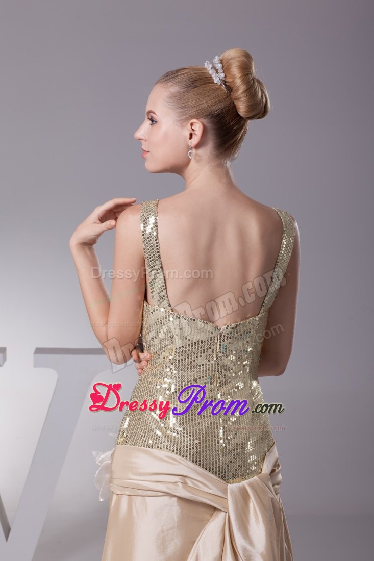 Sequin Taffeta Champagne Prom Evening Dress with Flower