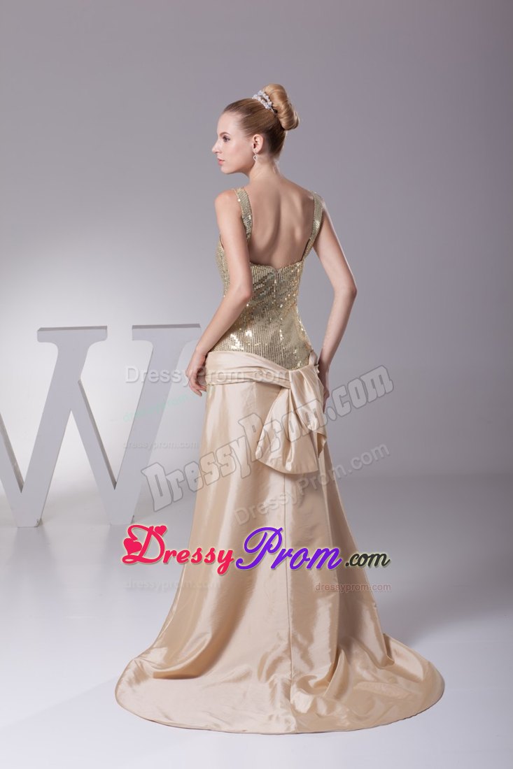 Sequin Taffeta Champagne Prom Evening Dress with Flower