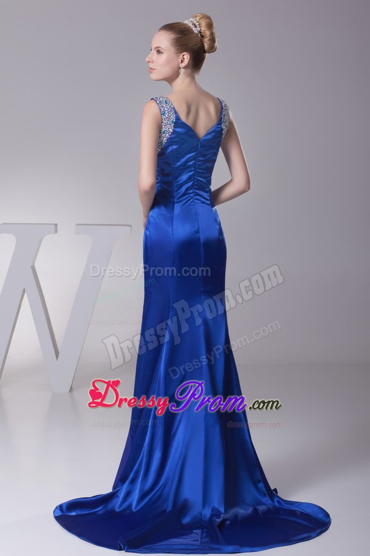 Cheap Sheath Beaded Slitted Sweep Train Blue Prom Gown Dress