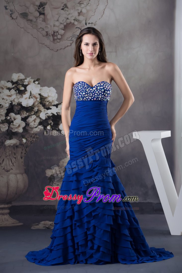 Ruffled Sweetheart Royal Blue Dress for Prom with Rhinestones
