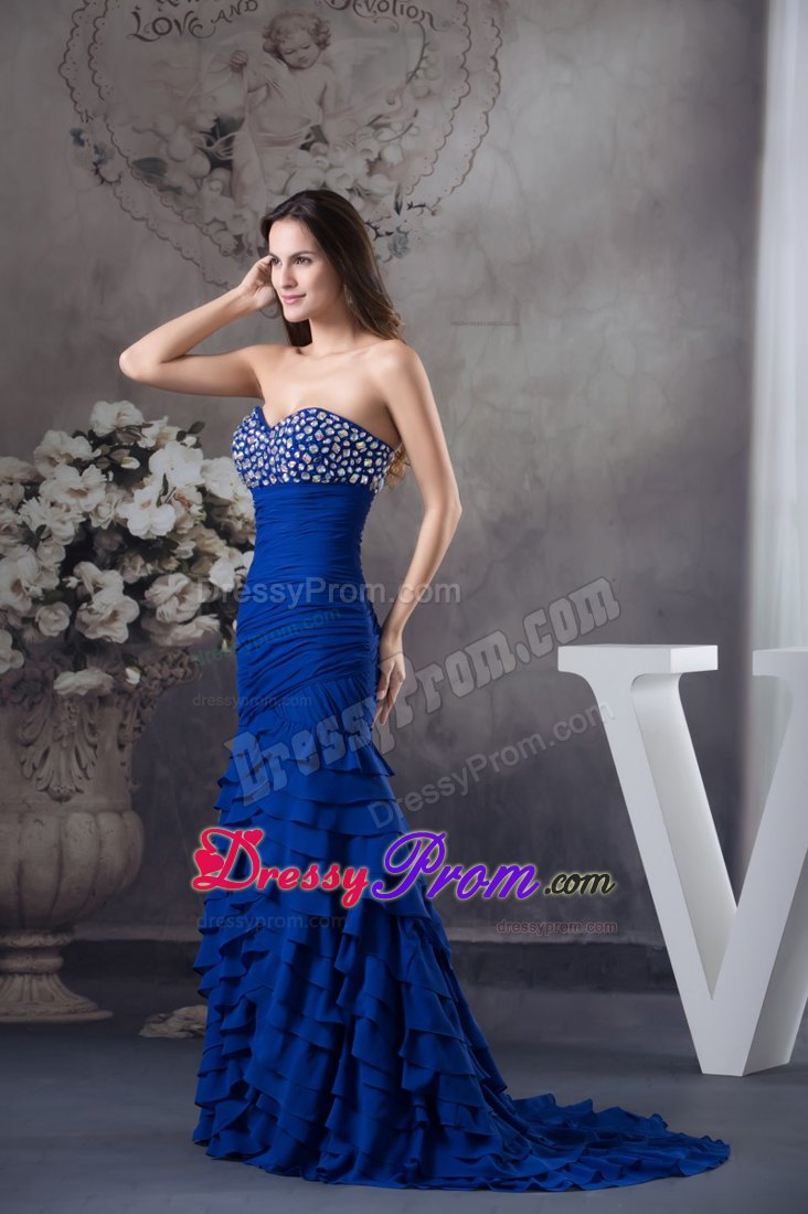 Ruffled Sweetheart Royal Blue Dress for Prom with Rhinestones