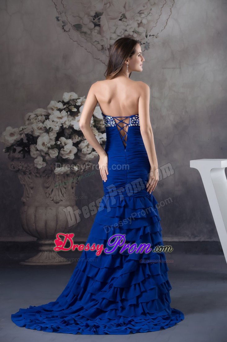 Ruffled Sweetheart Royal Blue Dress for Prom with Rhinestones