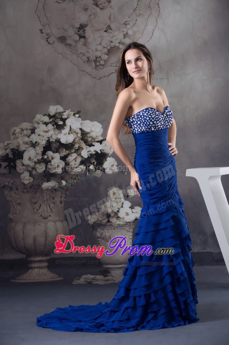 Ruffled Sweetheart Royal Blue Dress for Prom with Rhinestones