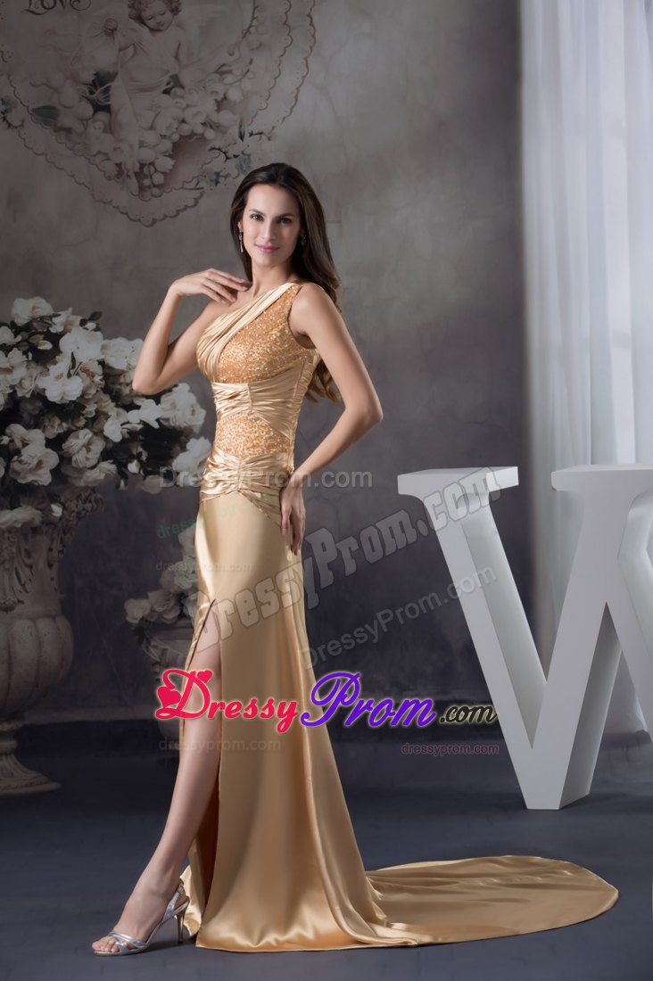 Slitted One Shoulder Gold Prom Gown Dresses Sweep Train