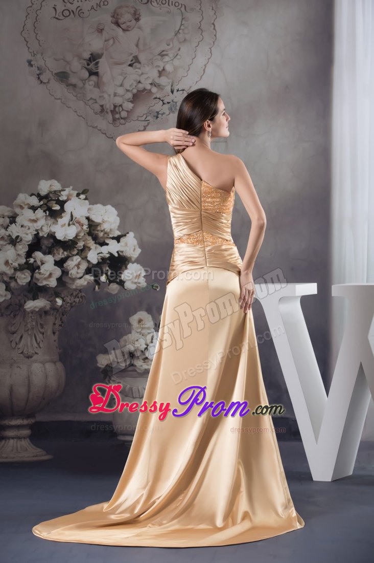 Slitted One Shoulder Gold Prom Gown Dresses Sweep Train