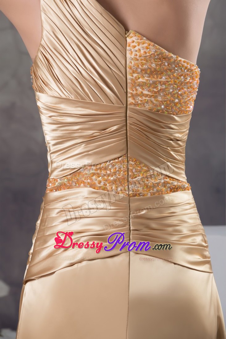 Slitted One Shoulder Gold Prom Gown Dresses Sweep Train