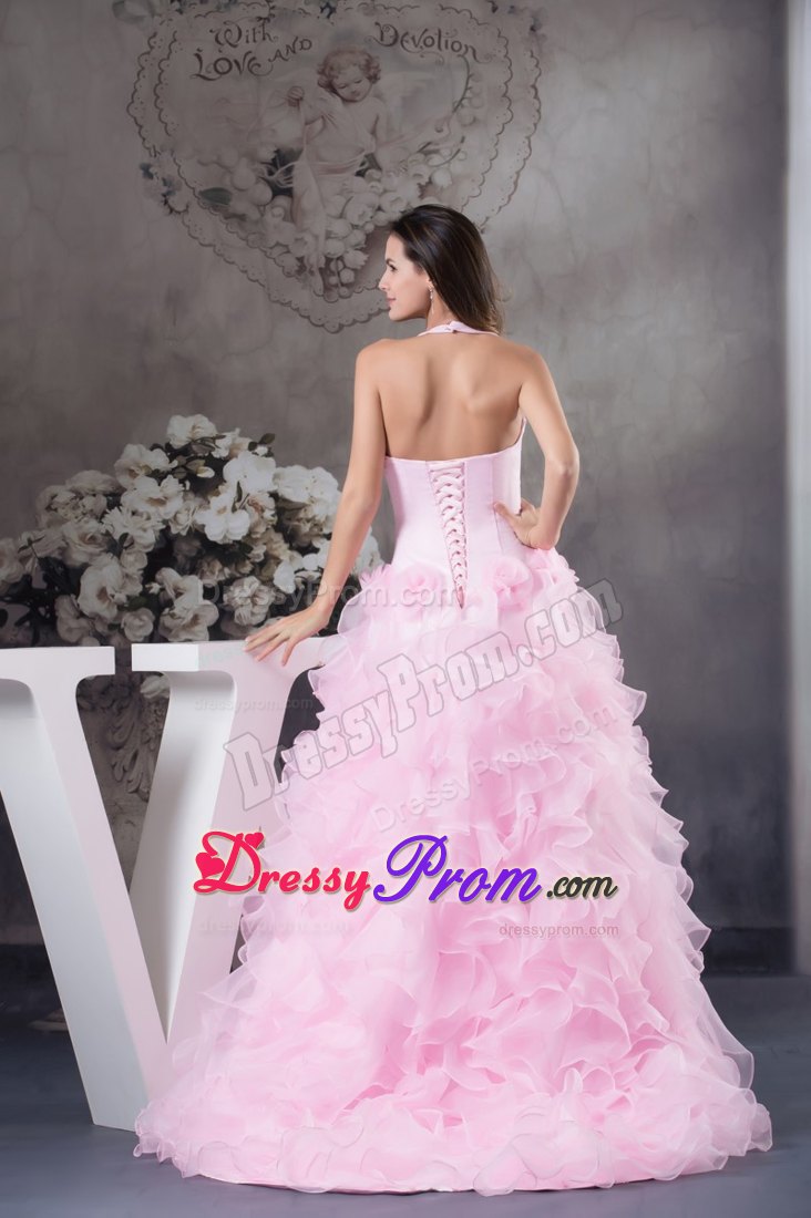 Extravagant Flowers Halter Light Pink Prom Dress Court Train