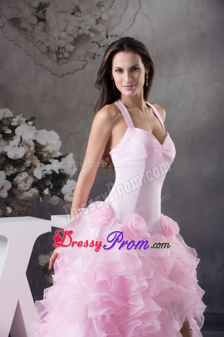Extravagant Flowers Halter Light Pink Prom Dress Court Train