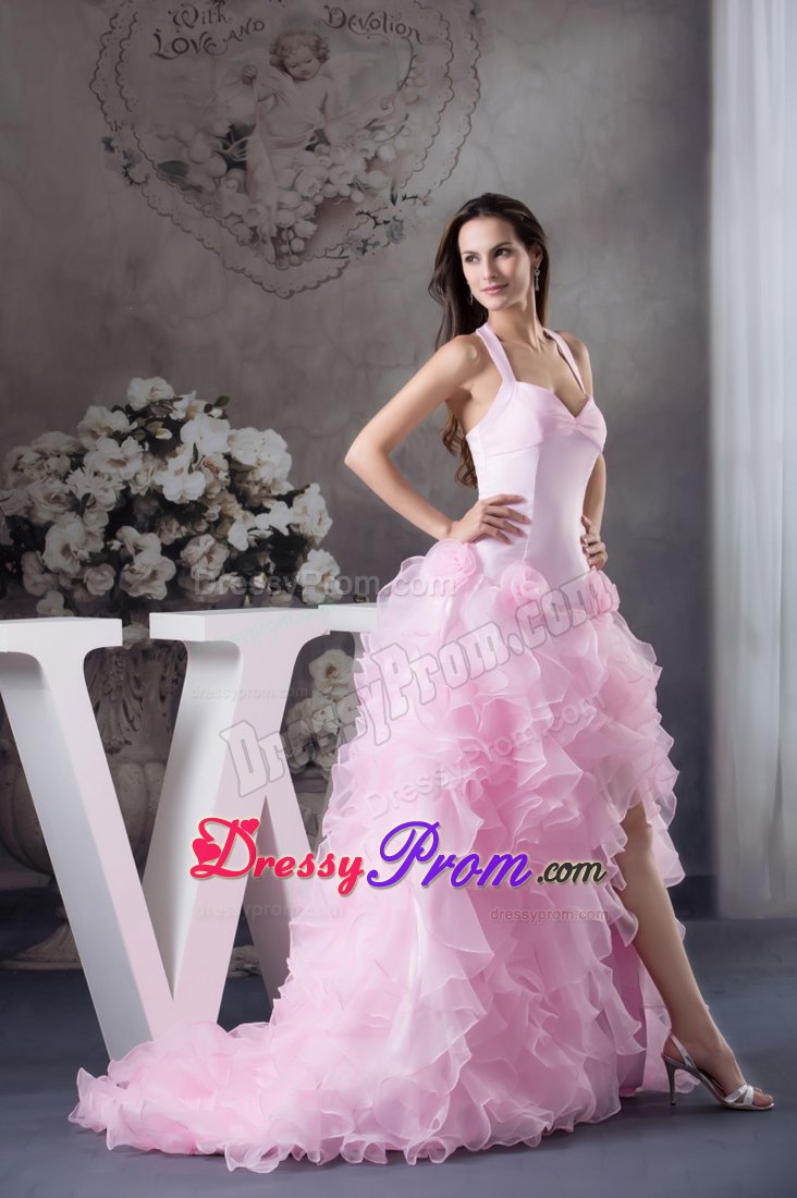 Extravagant Flowers Halter Light Pink Prom Dress Court Train