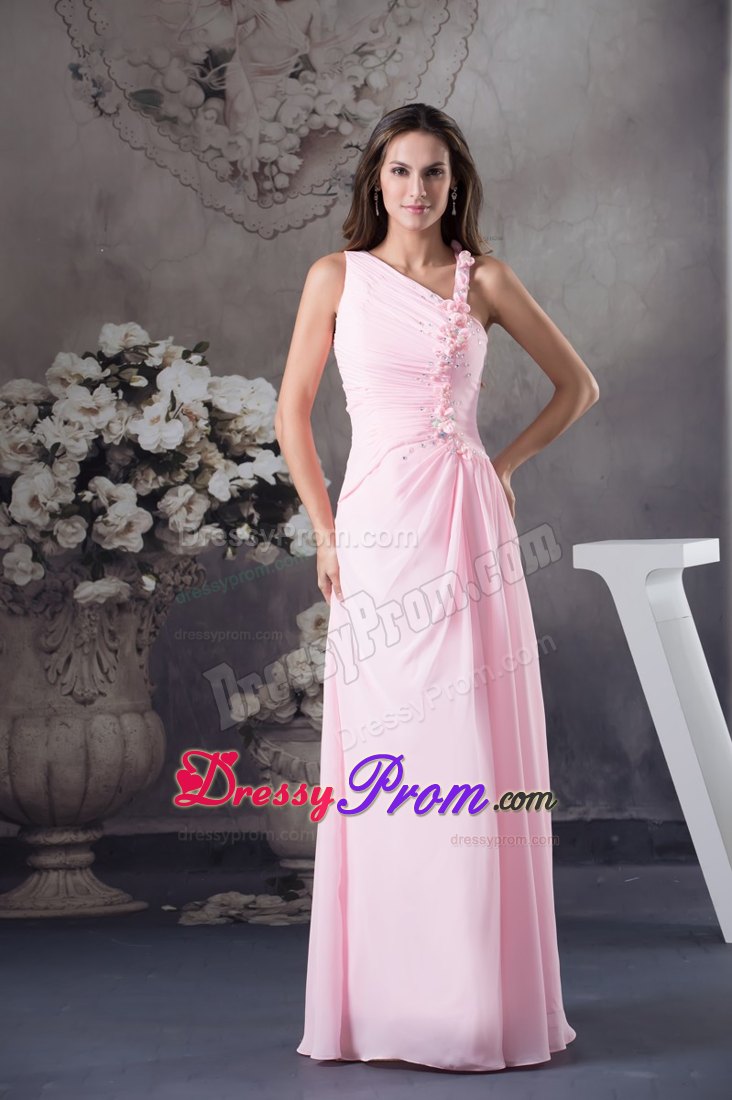 Asymmetrical Neckline Pink Prom Gown Dress with Flowers