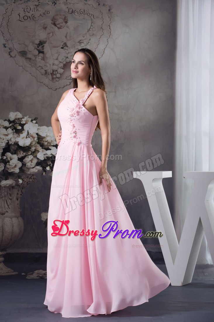 Asymmetrical Neckline Pink Prom Gown Dress with Flowers