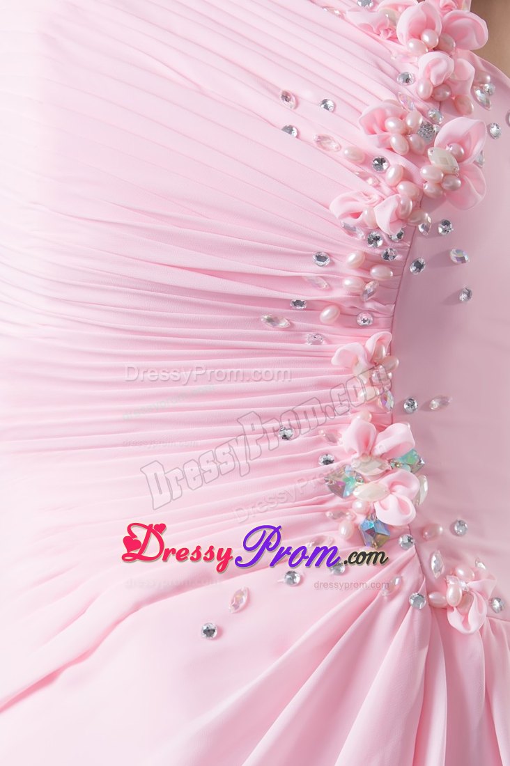 Asymmetrical Neckline Pink Prom Gown Dress with Flowers