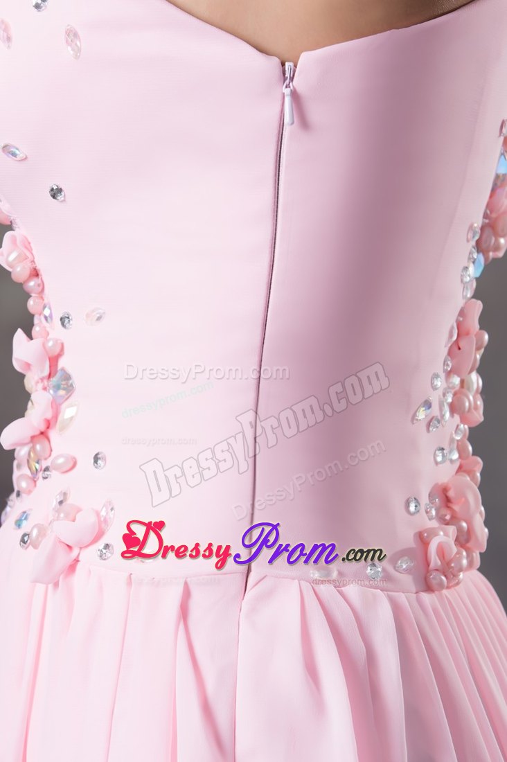 Asymmetrical Neckline Pink Prom Gown Dress with Flowers