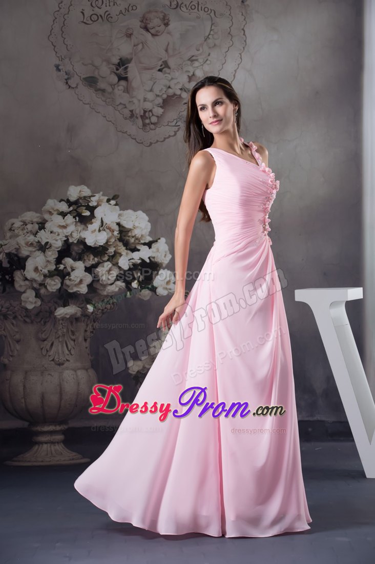 Asymmetrical Neckline Pink Prom Gown Dress with Flowers
