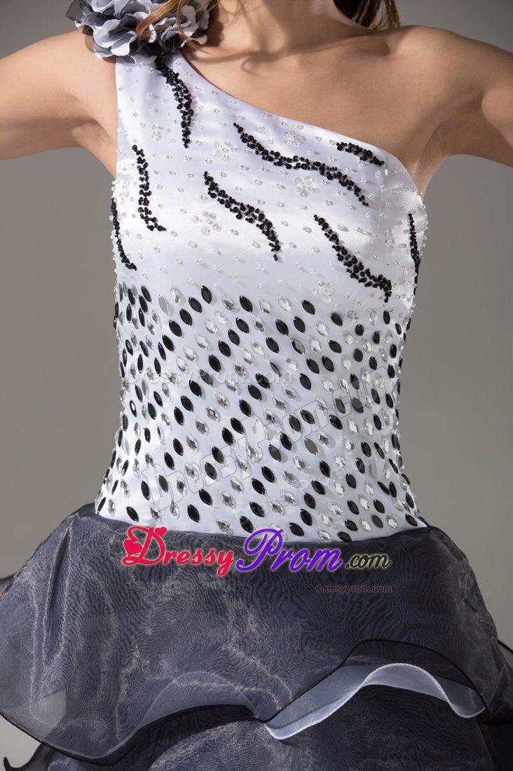 One Shoulder Flowers White And Brown Prom Dress with Layers