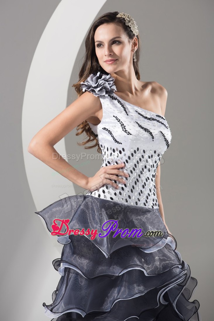 One Shoulder Flowers White And Brown Prom Dress with Layers