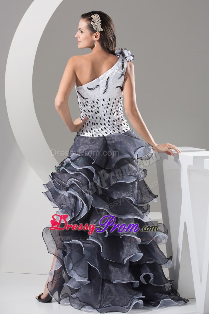 One Shoulder Flowers White And Brown Prom Dress with Layers