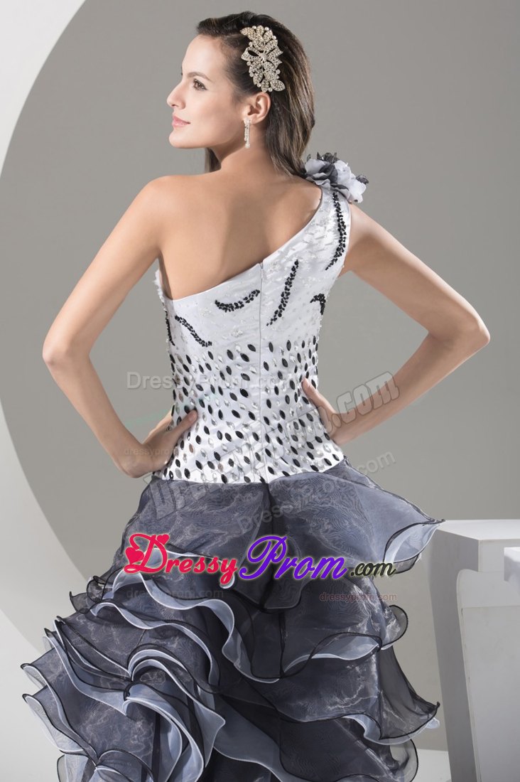 One Shoulder Flowers White And Brown Prom Dress with Layers