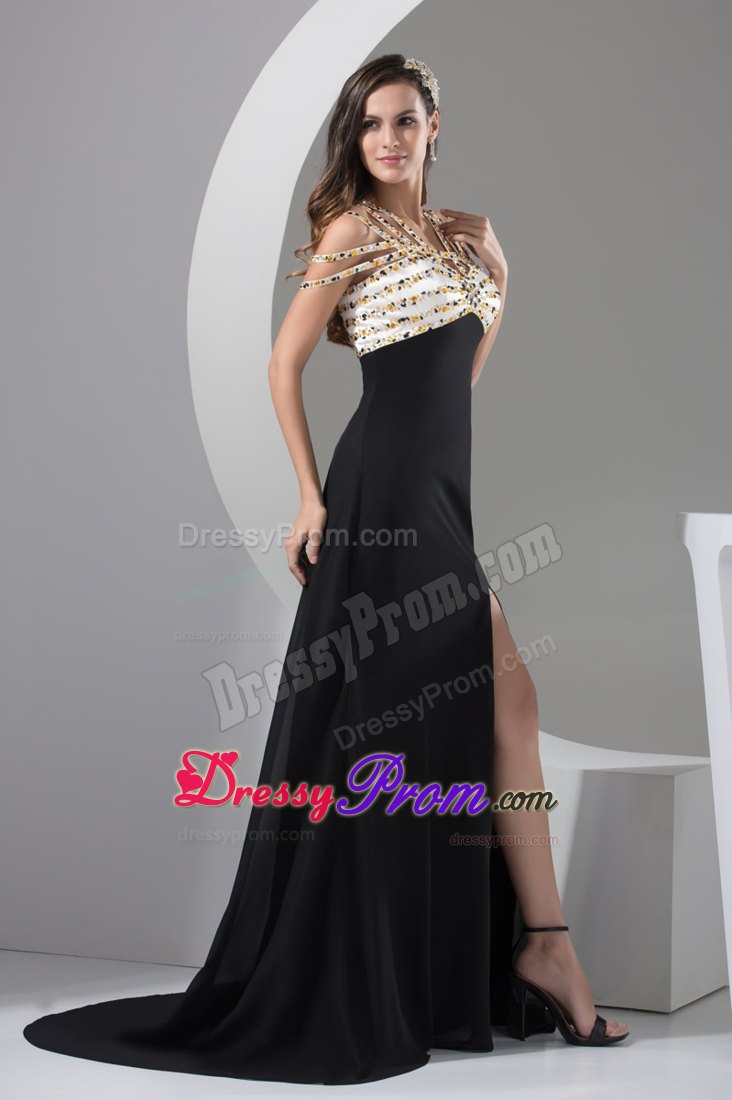 Brush Train Beaded Black Prom Holiday Dress Special Neckline