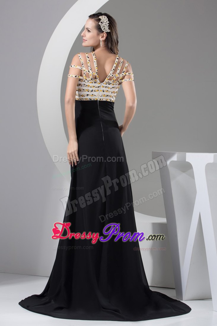 Brush Train Beaded Black Prom Holiday Dress Special Neckline