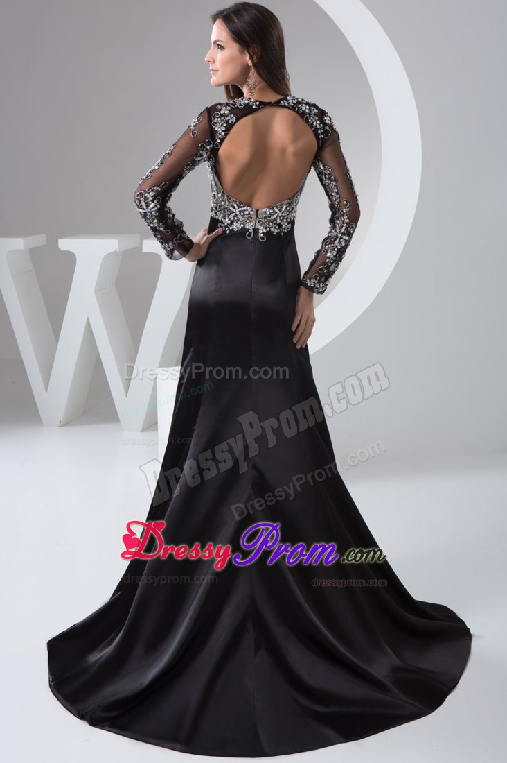 Long Sleeves Slitted Black Dress for Prom with Rhinestones