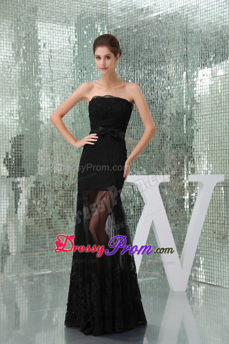 Column Strapless Black Lace Prom Holiday Dress Floor-length