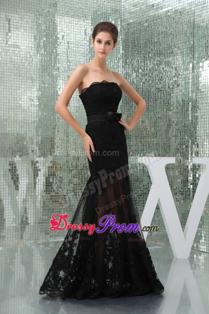 Column Strapless Black Lace Prom Holiday Dress Floor-length