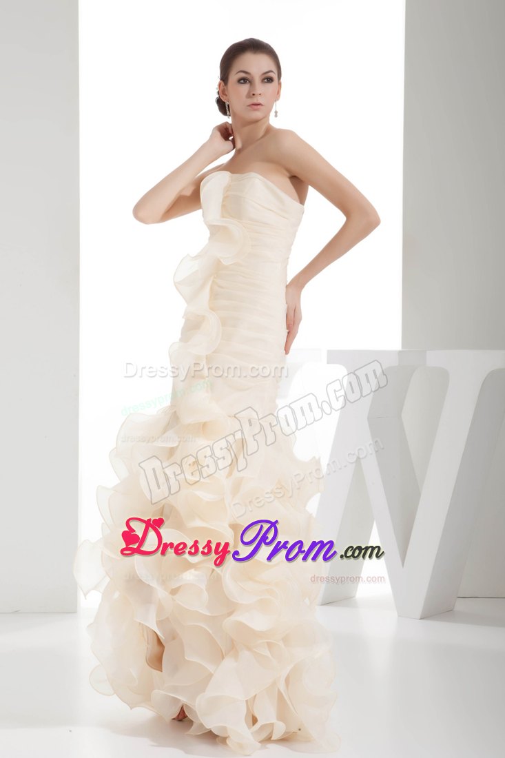 Cream Colored Column Organza Prom Homecoming Dress with Ruffles