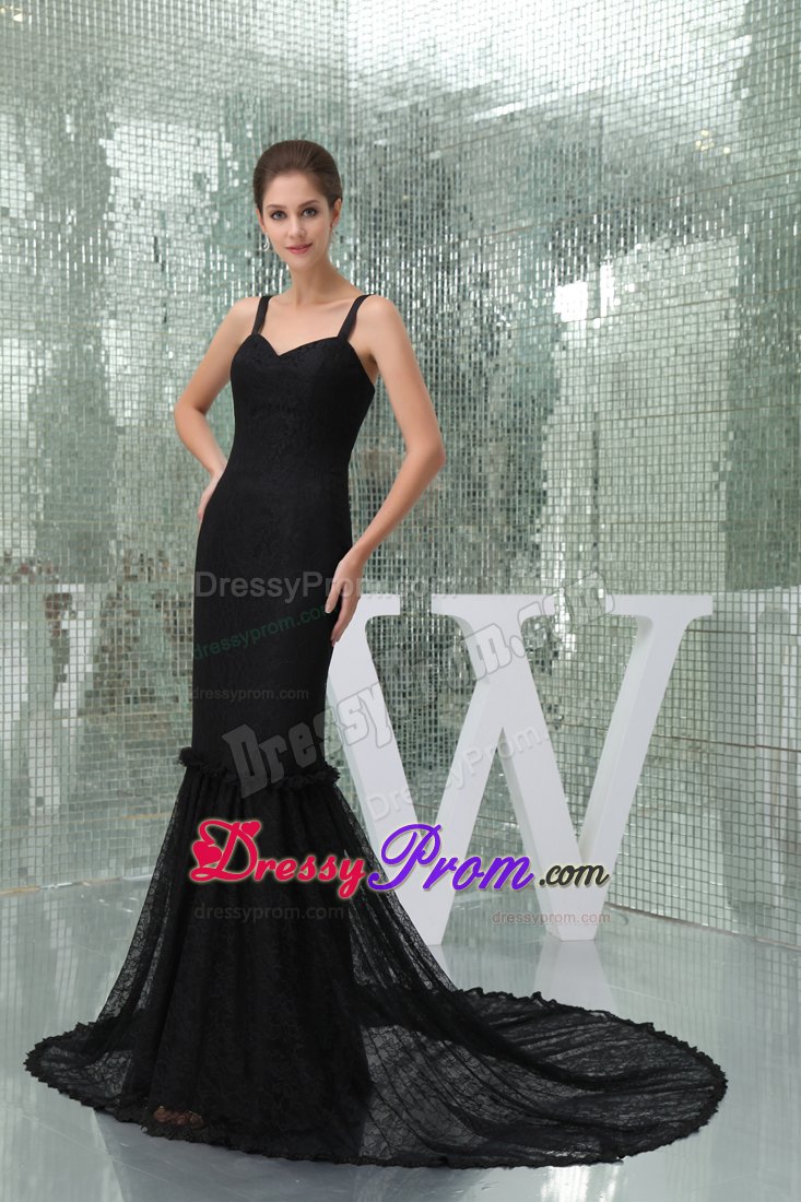 Mature Mermaid Straps Black Lace Prom Celebrity Dress
