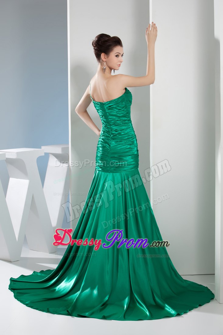 Court Train One Shoulder Green Ruched Beaded Prom Dress