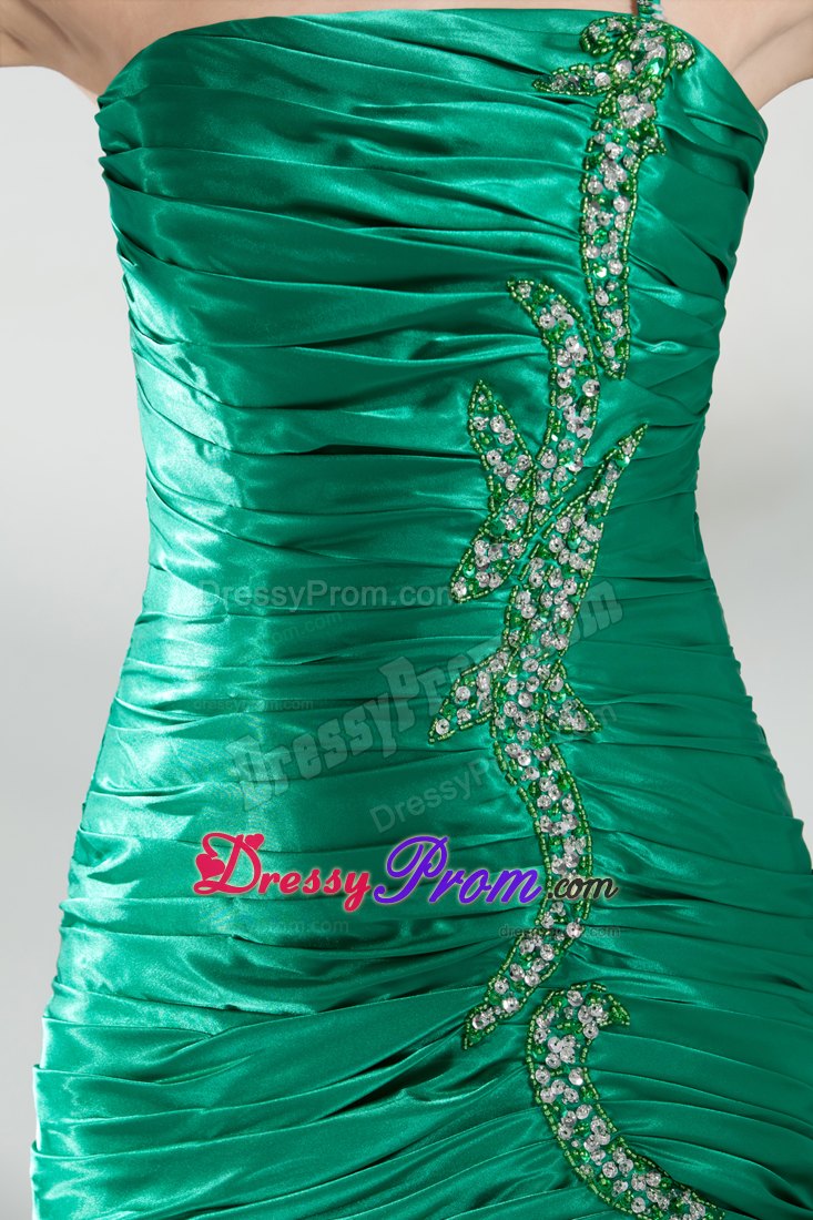 Court Train One Shoulder Green Ruched Beaded Prom Dress