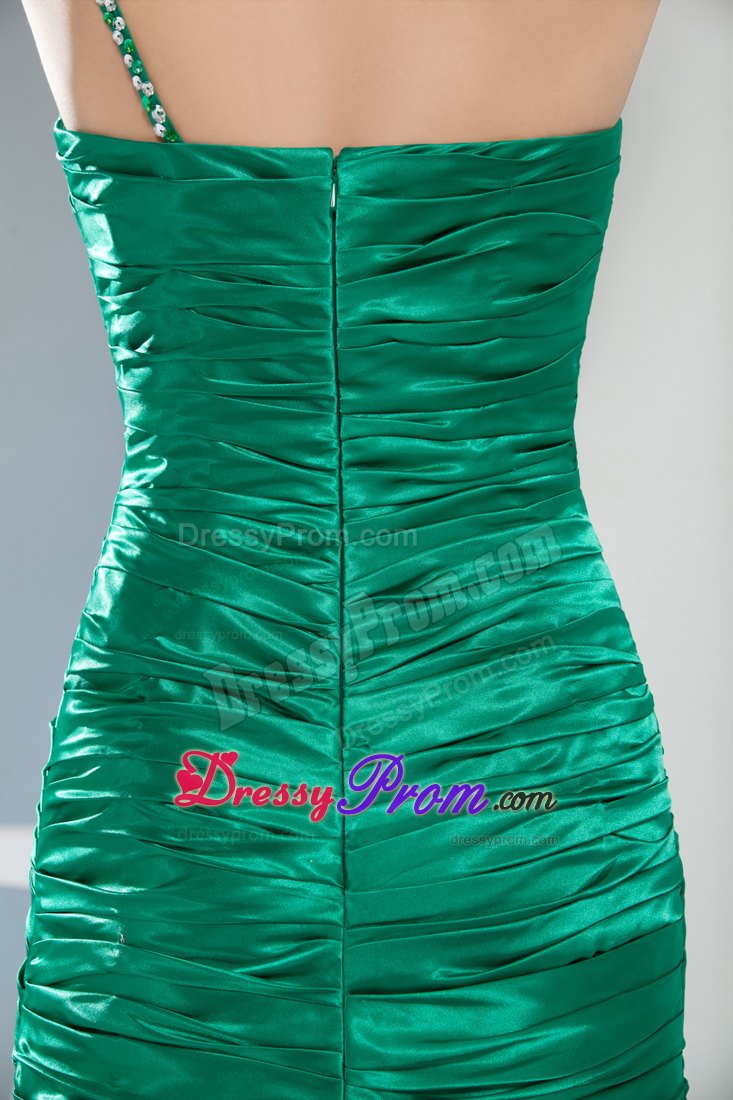 Court Train One Shoulder Green Ruched Beaded Prom Dress